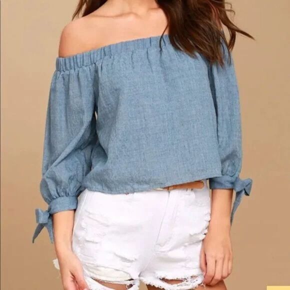 Lulu's Tender Moments Chambray Off the Shoulder Tie Sleeve Cropped Blouse Top - Picture 2 of 10